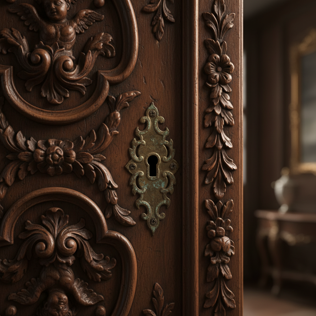 정교한 수공예 조각이 돋보이는 바로크 양식의 원목 수납장 문과 세월의 흔적이 느껴지는 황동 열쇠 구멍의 클로즈업 샷.