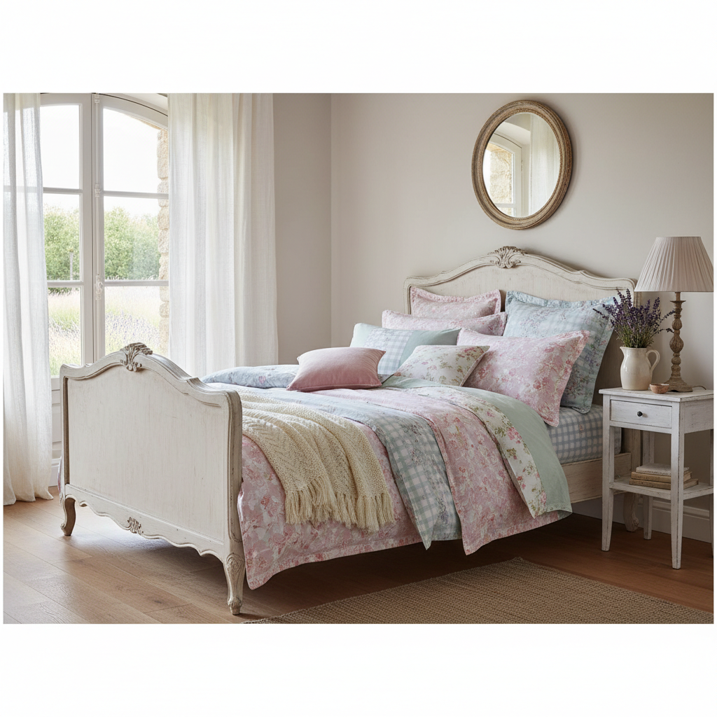 파스텔 톤의 침구와 화이트 워시 처리된 빈티지 원목 침대 프레임이 어우러진 아늑한 프렌치 프로방스 스타일의 침실 풍경.